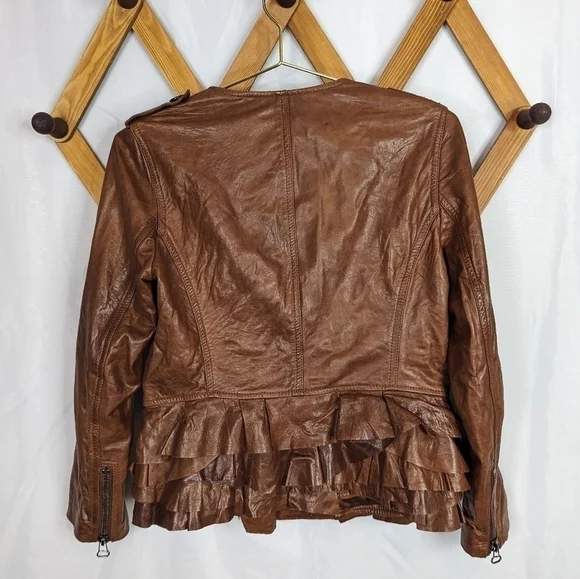 3.1 Phillip Lim Brown Cognac Lambskin Leather Ruffled Zip Up Moto Jacket Size 4 - Picture 5 of 12